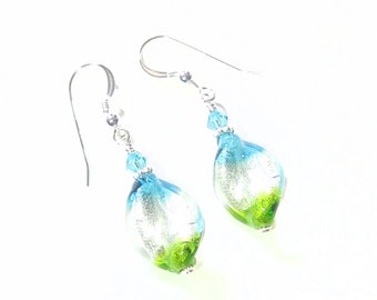 Murano Glass Aqua Green Clear Silver Twist Earrings, Venetian Glass Jewelry, Clip-On Earrings, Leverback Earrings, Italian lampwork Jewelry