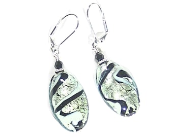 Murano Glass Black White Swirl Oval Silver Earrings, Sterling Silver Leverbacks, Venetian jewelry, Oval Mom Earrings, Christmas Gift