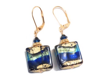Murano Glass Aqua Cobalt Blue Gold Square Dangle Earrings, Gold Filled Leverback Earrings, Chunky Earrings, Venetian Jewelry, Christmas