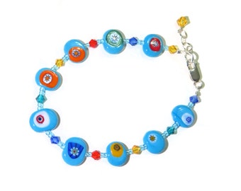 Murano Glass Colorful Millefiori Turquoise Bracelet, Venetian Glass, Italian Jewelry, Gift Idea, Handmade, Christmas Gift