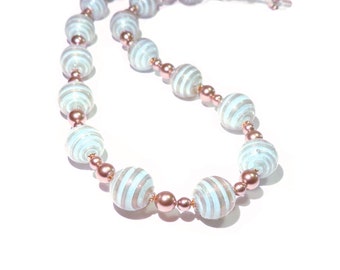 Murano Glass Aquamarine Striped Ball Bronze Gold Necklace, Venetian Glass Jewelry, Beaded Necklace, Christmas Gift