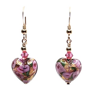 Murano Glass Heart Earrings: Lilac Roses, 24K Gold, Italian Jewelry