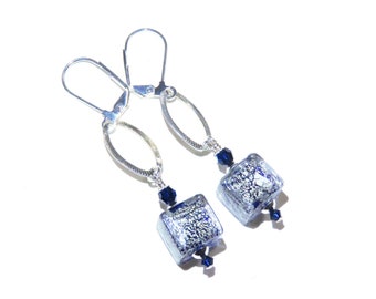 Murano Glass Dark Blue Silver Cube Long Earrings, Sterling Silver Leverbacks, Italian Jewelry, Christmas Gift, Dangle Earrings
