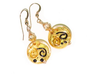 Murano Glass Miro Coin Gold Earrings, Italian Glass Jewelry, Clip Ons, Wedding Earrings, Glass Foil Earrings, Gold Filled Leverbacks