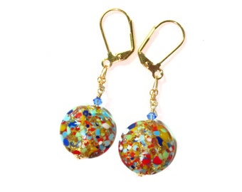 Murano Glass Colorful Disc Klimt Gold Dangle Earrings, Venetian Italian Jewelry, Gold Filled Leverbacks, Anniversary Gift, Long Earrings