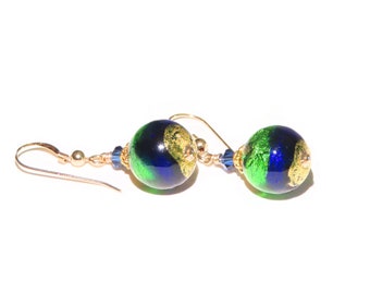 Murano Glass Cobalt Blue Green Gold Ball Earrings, Gold Filled Leverbacks, Clip Ons for Women, Christmas Gift, Venetian Jewelry