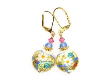 Murano Glass Millefiori Colorful Disc Gold Earrings, Clip-Ons, Leverback Earring, Italian Jewelry, Venetian Jewelry, lampwork Earrings