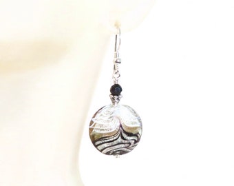 Murano Glass Black Zebra Silver Disc Earrings, Sterling Silver Clip Ons, Venetian Italian Jewelry, Anniversary gift, Christmas Present