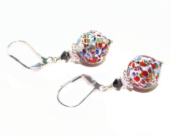 Murano Glass Klimt Ball Earrings, Sterling Silver Leverbacks, Colorful Glass Earrings, Italian Glass Jewelry, Sterling Clip Ons