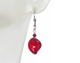 Murano Glass Red Small Twist Silver Earrings, Sterling Leverback Earrings, Venetian Italian Jewelry, Birthday Gift, Christmas Gift