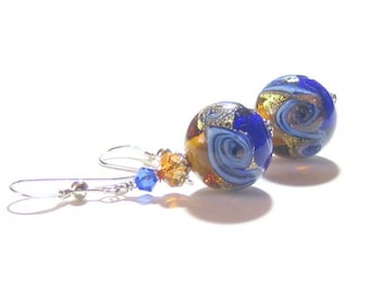 Murano Glass Cobalt Blue Topaz Swirl Ball Earrings, Venetian Jewelry, Sterling Leverbacks, Italian Jewelry, Clip-ons, Dangle, Drop