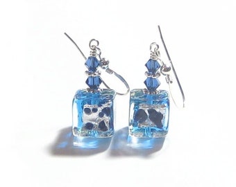 Murano Glass Aqua Leopard Cube Sterling Silver Earrings, Venetian Jewelry, Sterling Silver Clip Ons and Leverback Earrings, Christmas Gift