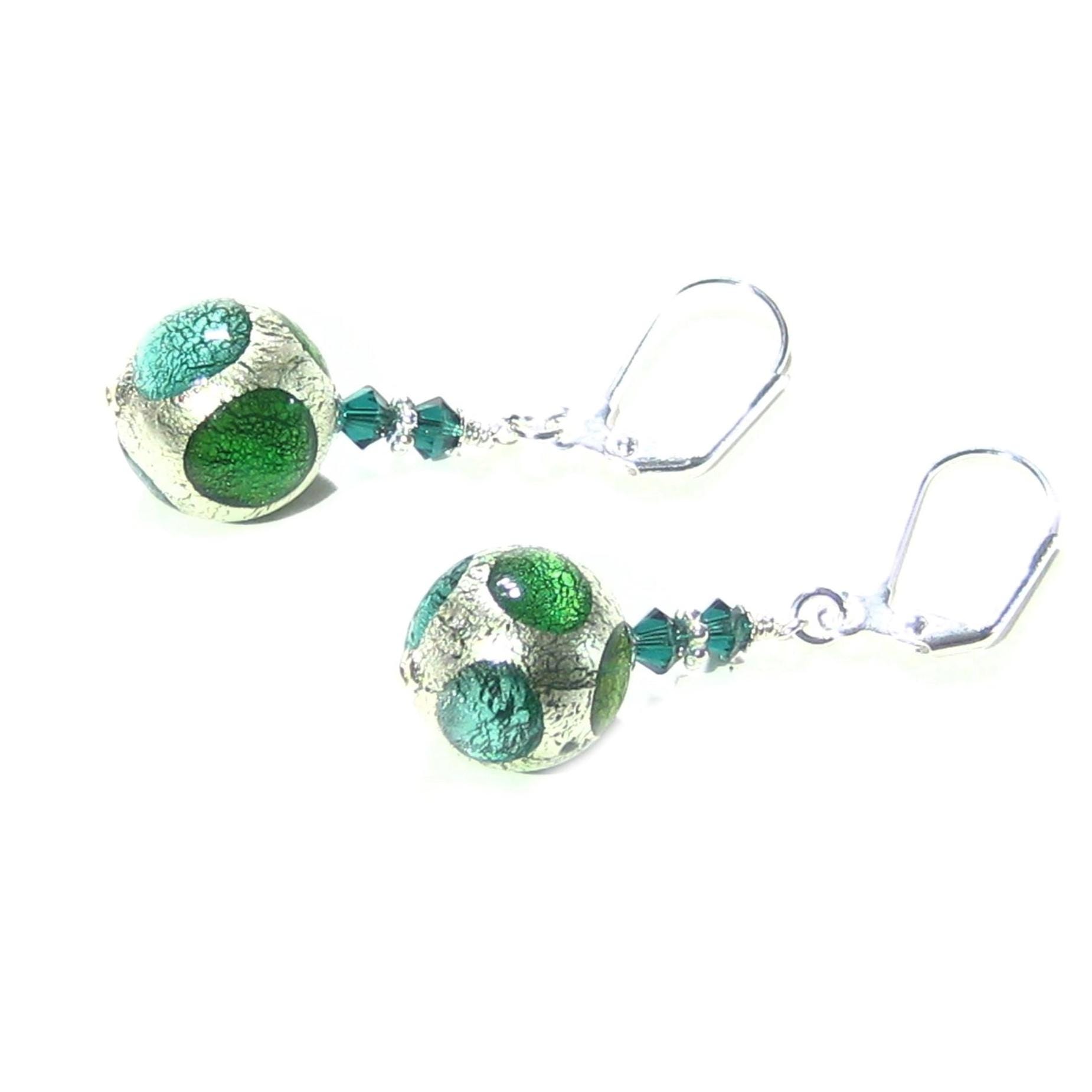 Murano Glass Green Dot Ball Silver Earrings, Venetian Glass