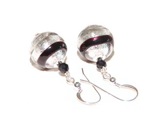 Murano Glass Black Silver Saturn Ball Earrings,  Lampwork Glass Jewelry, Sterling Leverback Earrings, Clip Ons, Murano Glass Jewelry