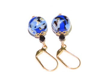 Murano Glass Blue Black Swirl Abstract Ball Gold Earrings, Venetian Italian Jewelry, Gold Filled Leverbacks, Small Gift, Christmas Present