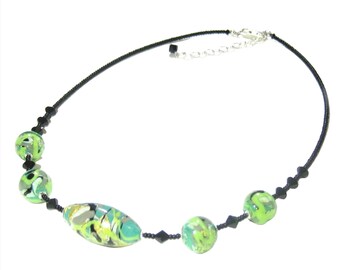 Murano Glass Green Gray Abstract Ball Silver Necklace
