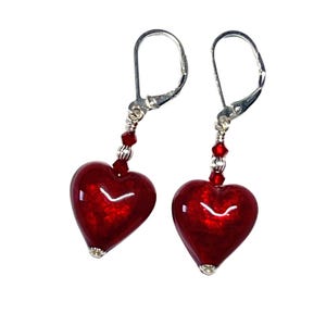 Red Murano Glass Heart Earrings: Sterling Silver, Swarovski Crystals