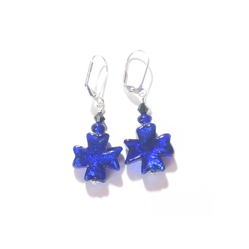 Leverback Earrings Clip Ons Murano Glass Cobalt Blue Celtic Cross Sterling Silver Earrings Cross Dangle Earrings Murano Glass Jewelry