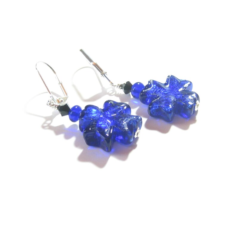 Leverback Earrings Clip Ons Murano Glass Cobalt Blue Celtic Cross Sterling Silver Earrings Cross Dangle Earrings Murano Glass Jewelry