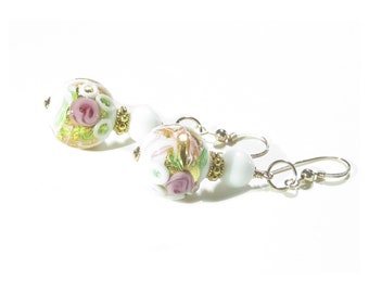 Murano Glass White Wedding Cake Pink Rose Ball Earrings, Gold Filled Leverbacks, Venetian Jewelry, Italian Glass Jewelry, Easter Earrings