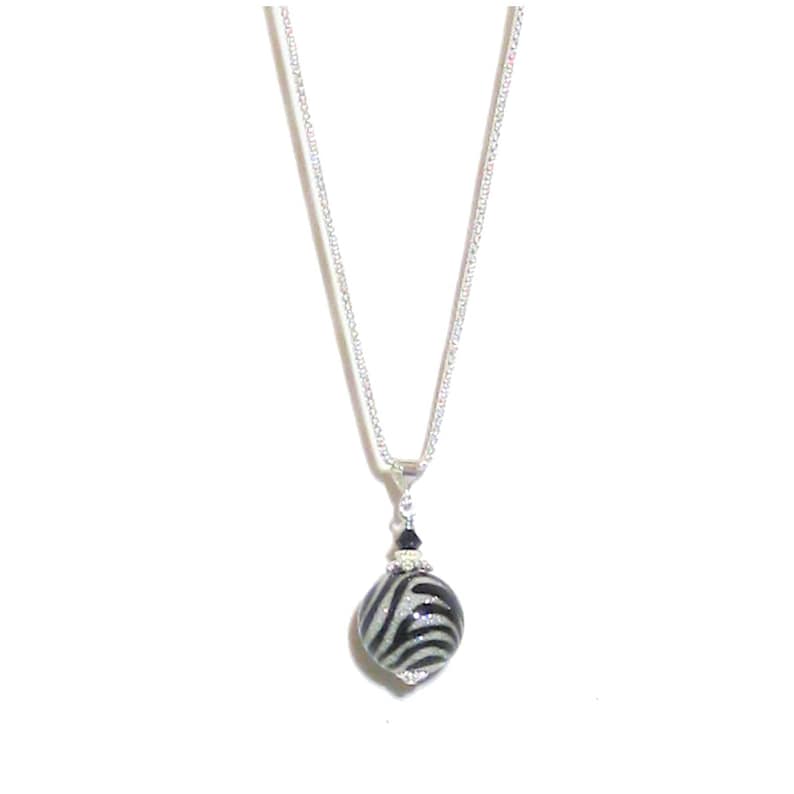 Murano Glass Black Zebra Sparkle Ball Pendant Necklace Sterling Silver Chain Venetian Jewelry Italian Gift For Her