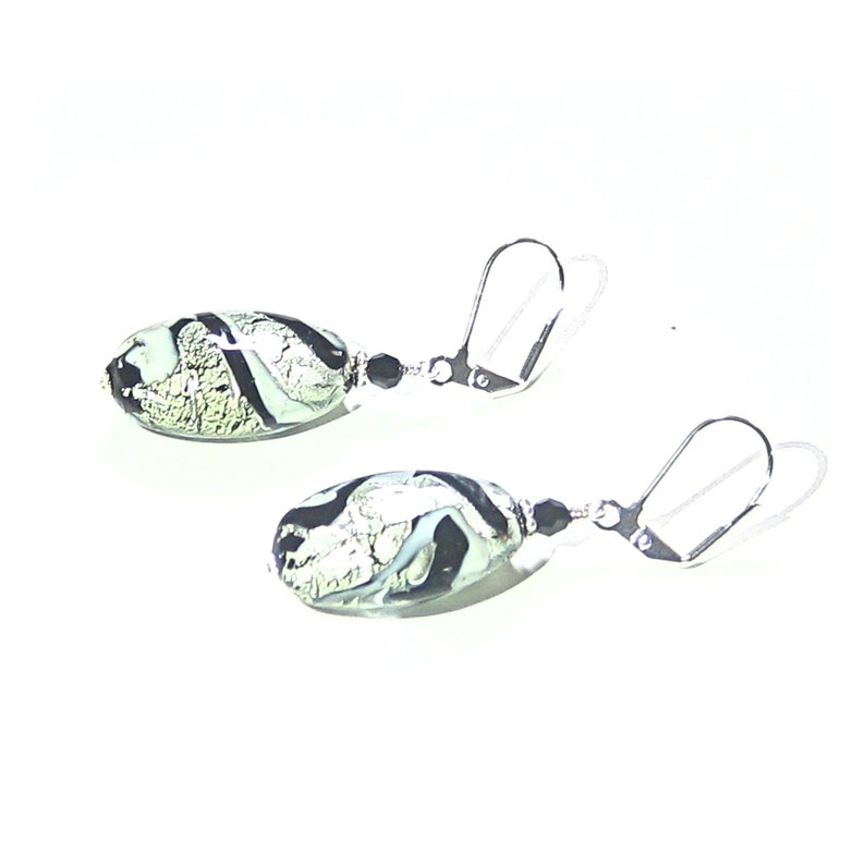 Murano Glass Black White Swirl Oval Silver Earrings, Sterling Silver Leverbacks, Venetian jewelry, Oval Mom Earrings, Christmas Gift image 7