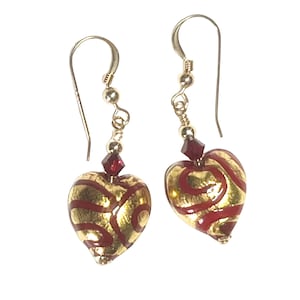 Murano Glass Heart Earrings: Red Swirl, Gold Filled Leverbacks