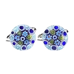 Murano Millefiori Cuff Links: Blue Green Venetian Glass, Silver Tone