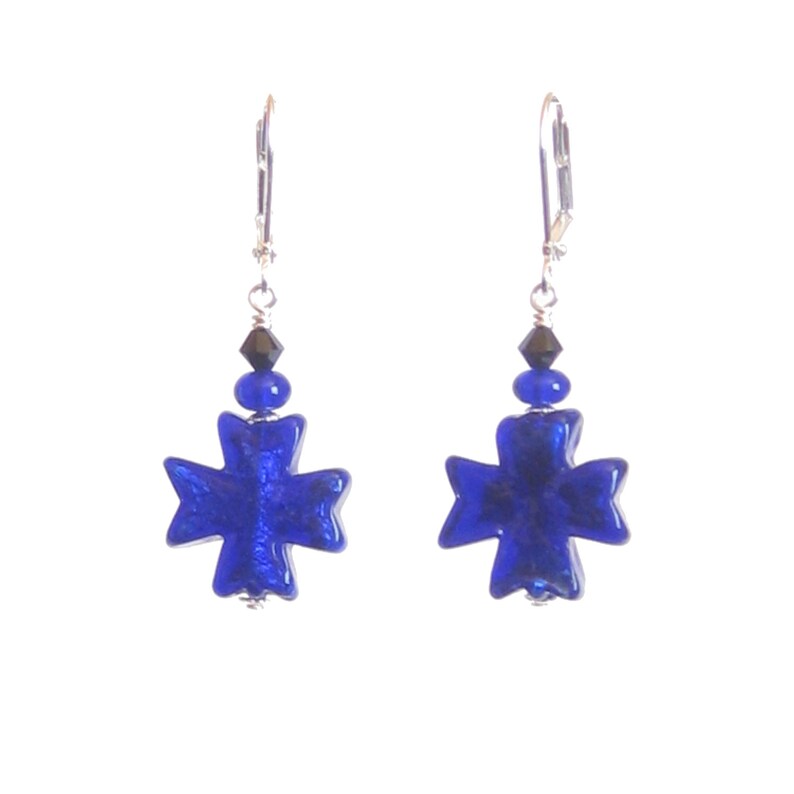 Leverback Earrings Clip Ons Murano Glass Cobalt Blue Celtic Cross Sterling Silver Earrings Cross Dangle Earrings Murano Glass Jewelry