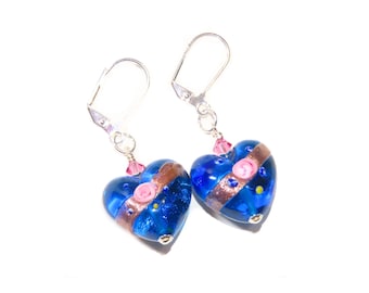 Murano Glass Blue Heart Rose Earring, Dangle Clip ons, Italian Jewelry, Sterling Leverbacks, For Her, Anniversary Gift, Christmas Present