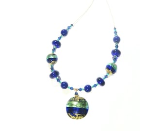Murano Glass Blue Green Pendant Necklace, Cobalt Blue Aqua Necklace, Venetian Italian Jewelry, Christmas Gift, Gold Filled