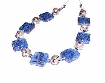 Murano Glass Blue Branch Bead Necklace with Crystals Sterling Silver Necklace