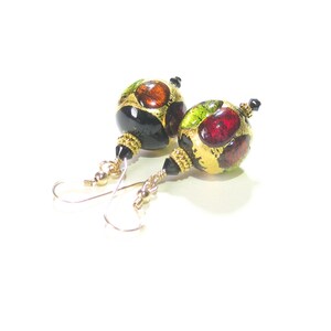 Murano Glass Colorful Dot Gold Black Chunky Earrings, Venetian Italian Jewelry, Gold Filled Leverback Earrings, Clip Ons, Lampwork Glass image 1