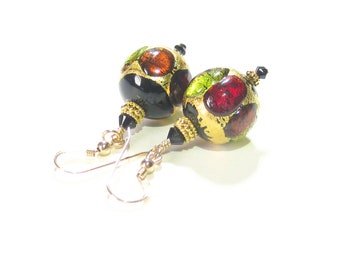 Murano Glass Colorful Dot Gold Black Chunky Earrings, Venetian Italian Jewelry, Gold Filled Leverback Earrings, Clip Ons, Lampwork Glass