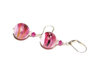 Murano Glass Pink Black Ball Earrings, Venetian Jewelry, Sterling Silver Leverback Earrings, Sterling Clip Ons, Gift, Christmas Present