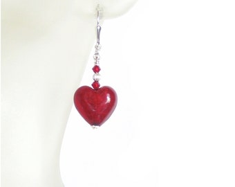 Murano Glass Red Heart Earrings, Venetian Jewelry, Italian Jewelry, Sterling Leverbacks, Clip Earrings, Christmas Gift