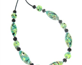 Murano Glass Green Gray Abstract Oval Silver Necklace