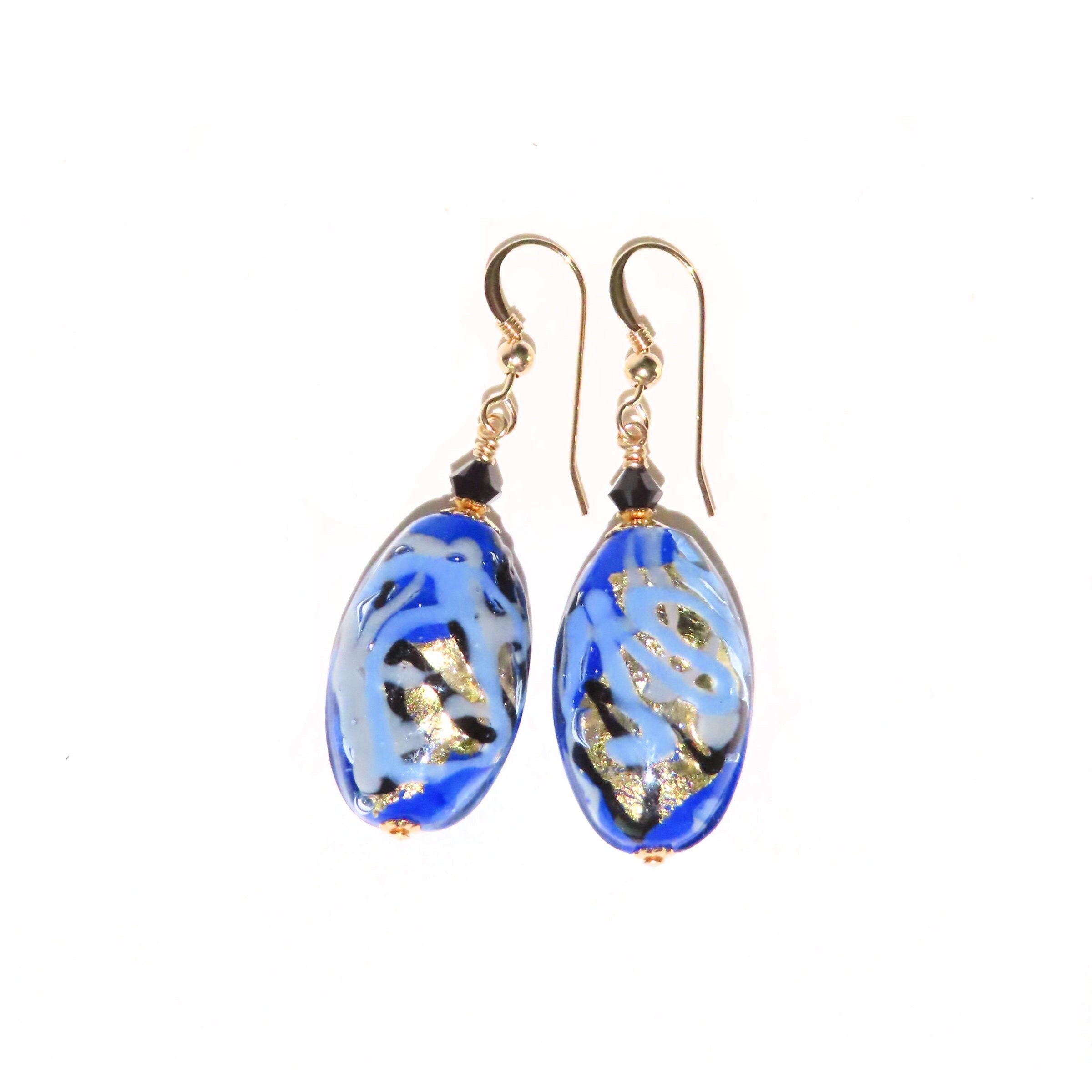 Murano Glass Oval Dangle Earrings, Italian Jewelry, Cobalt Blue Gold  Leverback Earrings, Venetian Glass Jewelry, Clip Ons, Birthday Gift 