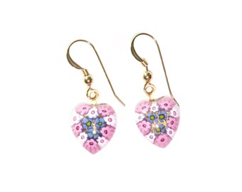 Murano Glass Pink Blue Millefiori Heart Gold Earrings, Venetian Glass Jewelry, Gift Idea