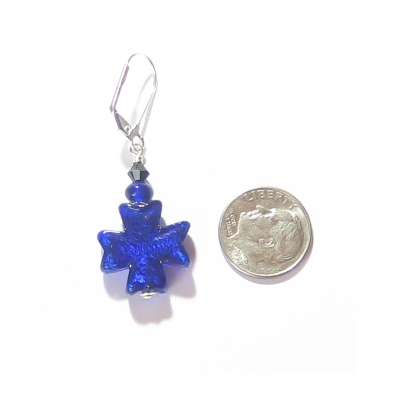 Leverback Earrings Clip Ons Murano Glass Cobalt Blue Celtic Cross Sterling Silver Earrings Cross Dangle Earrings Murano Glass Jewelry