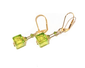 Murano Glass Green Cube Gold Earrings, Venetian Italian Jewelry, Gold Filled Leverbacks, Peridot Earrings, Christmas Gift, Handmade Earrings