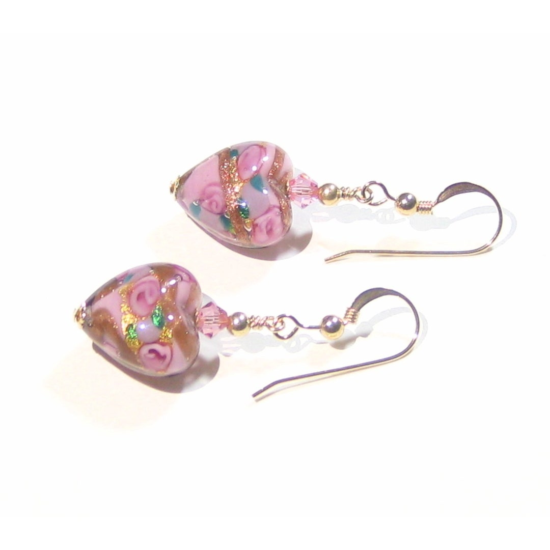 Pink Roses Heart Earrings Murano Glass Clip on Earrings - Etsy