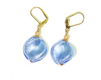 Murano Glass Light Blue Twist Gold Dangle Earrings, Venetian Jewelry, Italian Jewelry, Gold Filled Leverback Earrings, Birthday Gift