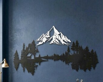 Quadro de parede em metal com lago na montanha, cena rústica de cabana na floresta, decoração para casa de campo à beira do lago.