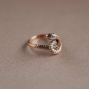 Op de afbeelding: Een goudkleurige metalen ring met een ontwerp van een kronkelende slang. De band van de ring is getextureerd om op slangenschubben te lijken, en de kop van de slang bevindt zich aan de bovenkant, buigend om de band te ontmoeten in een lus.