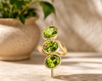 18k Gold Martini Olive Ring, Ruby Accent, Natural Peridot Sterling Silver Ring