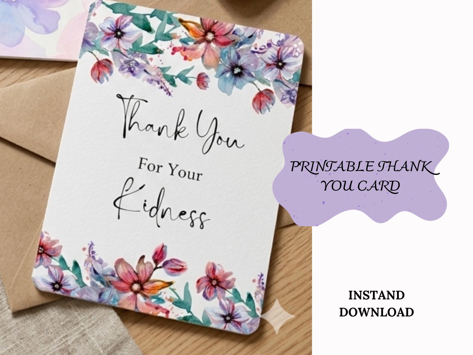 Watercolor Floral Thank You Card, Printable Greeting Card (digital ...