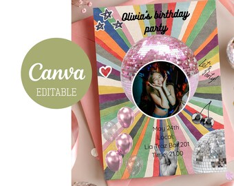 Retro Birthday Invitation, Vintage Party Card,Custom Photo Birthday Invite Editable Canva, Birthday Party Invite, Party Invitation Aesthetic