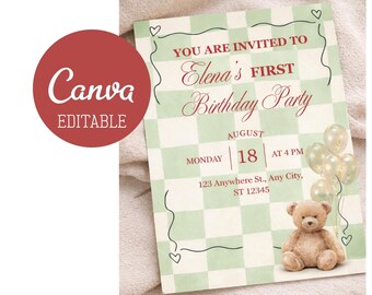 Birthday Invitations Digital,Teddy Bear First Birthday Invitation Template,Boy Party,Teddy Bear First Birthday Invite,Canva Editable