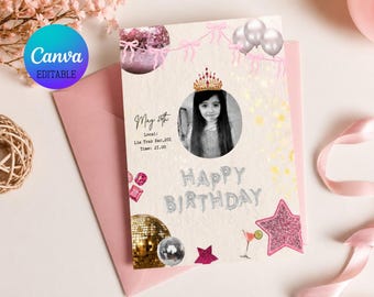 Birthday Card Funny,Digital Printable Card,Disco Happy Birthday Card,Retro Birthday Invitation, Vintage Party Card, Editable Canva Design